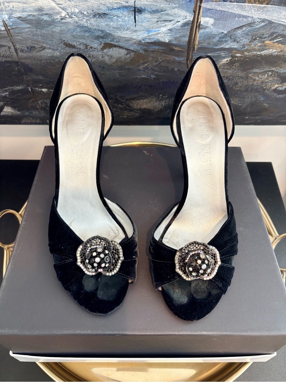 Anne Klein Black Velvet D'Orsay Heels with Beaded Flower Accent